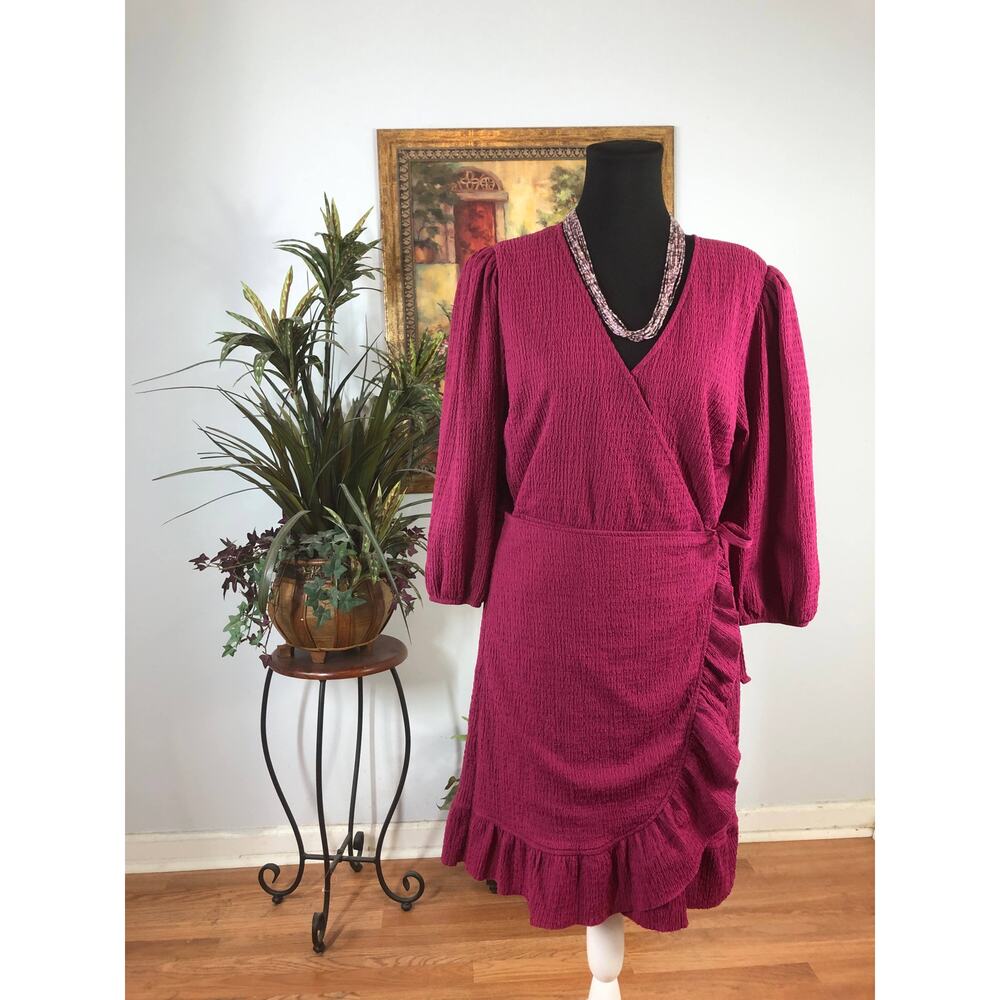 Cato‎ Dress Women's Large Burgundy Wrap Ruffle Long Sleeve Textured Casual